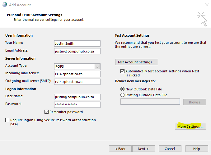 pop or imap settings