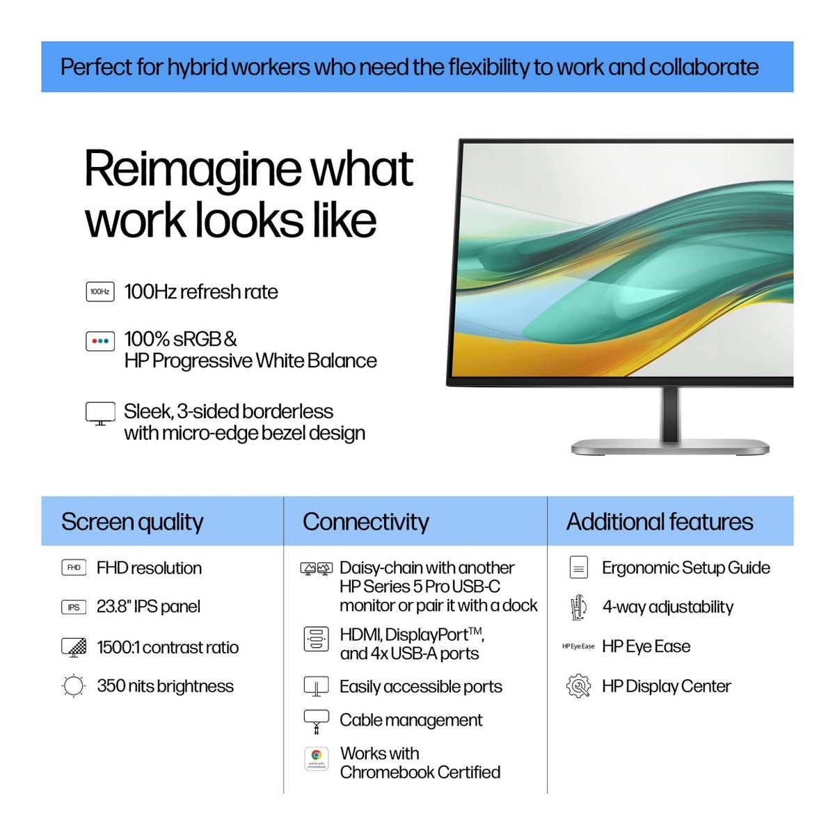 HP Series 5 Pro 524pf 23.8-inch 1920 x 1080p FHD 16:9 100Hz 5ms LED IPS Monitor 9D9L6UT image 7