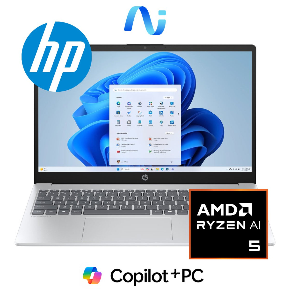 HP OmniBook 3 15-fn0008ni 15.6-inch FHD Next Gen AI Laptop - AMD Ryzen 5 330 512GB SSD 16GB RAM Win 11 Home Glacier Silver image 2