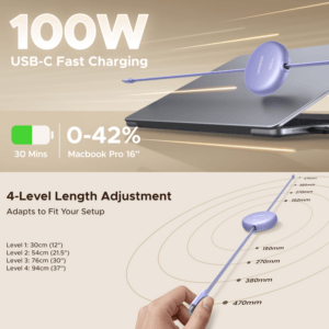 UGREEN 100W Fast Charging Retractable USB Type-C Cable 1M - Purple image 3